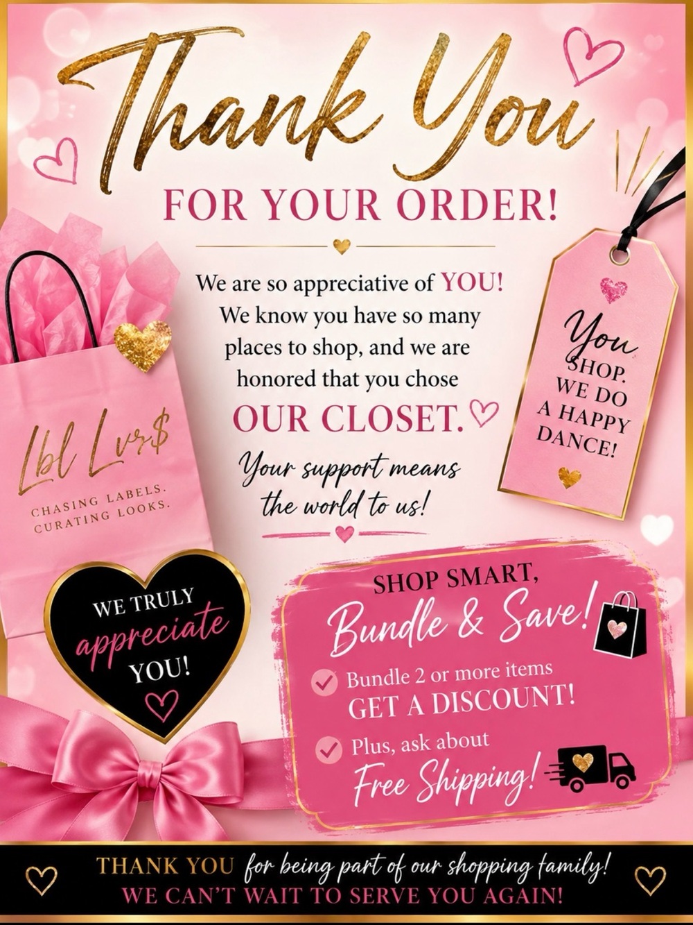 Thank You For Your Order Card - Pink & Gold